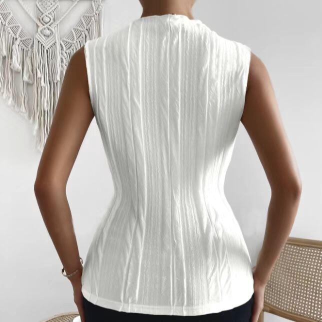 Ladies' Fashionable Versatile Solid Color Pleated Fabric Pleated Collar Detail Off Shoulder Slim Fit Vest Top