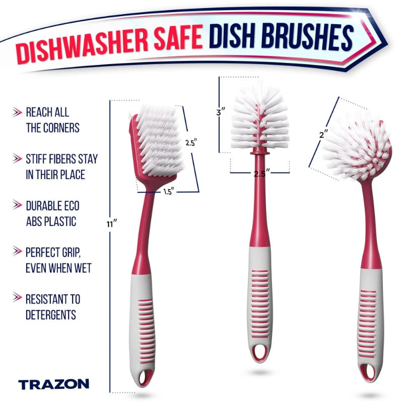 Red Dish Brush Set Of 3 With Bottle Water Brush Dish Scrub Brush And Scrubber Brush For Kitchen Ergonomic Non Slip Long Handle