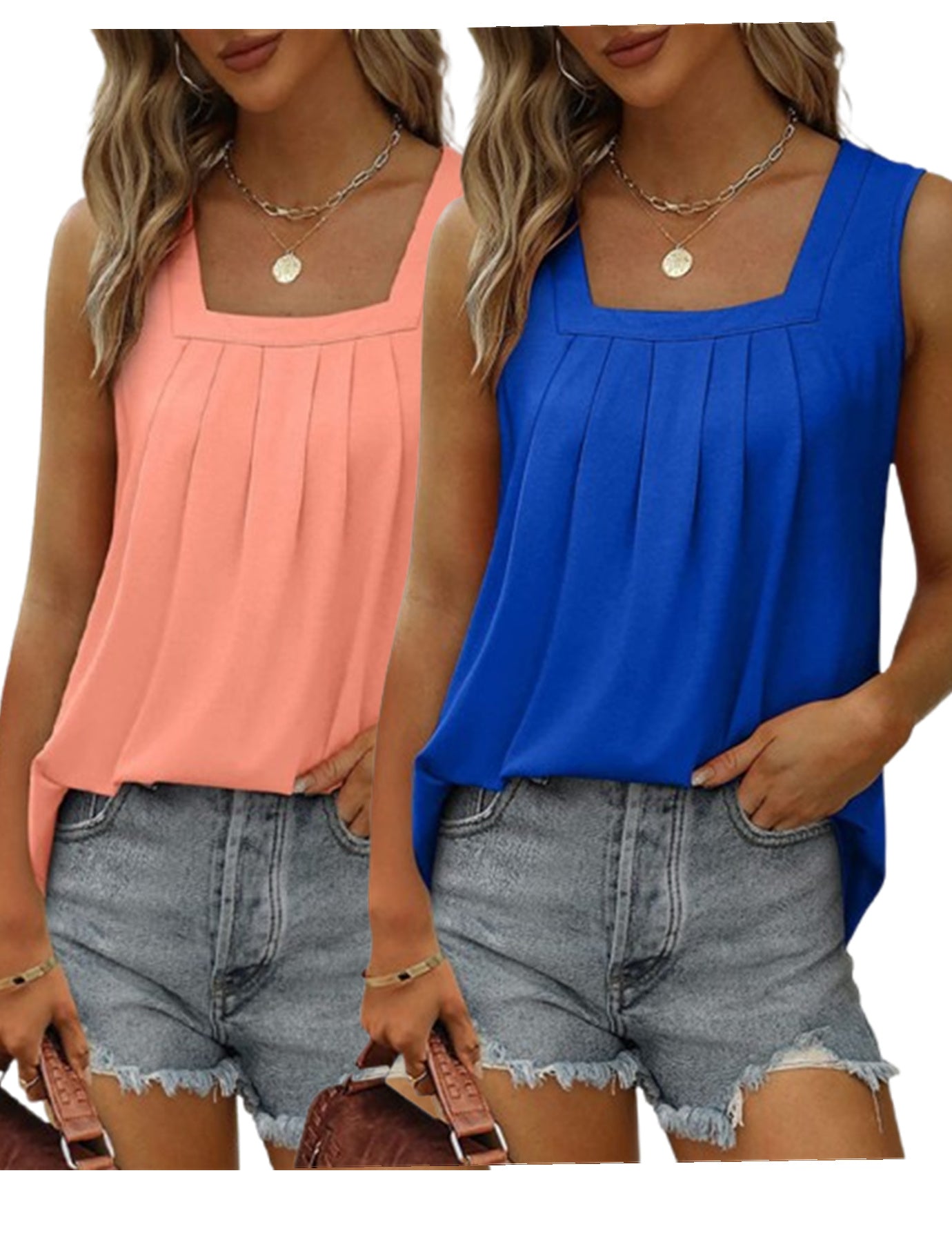 2-piece Women's Vest Pleated Square Neck Sleeveless Tuxedo Top