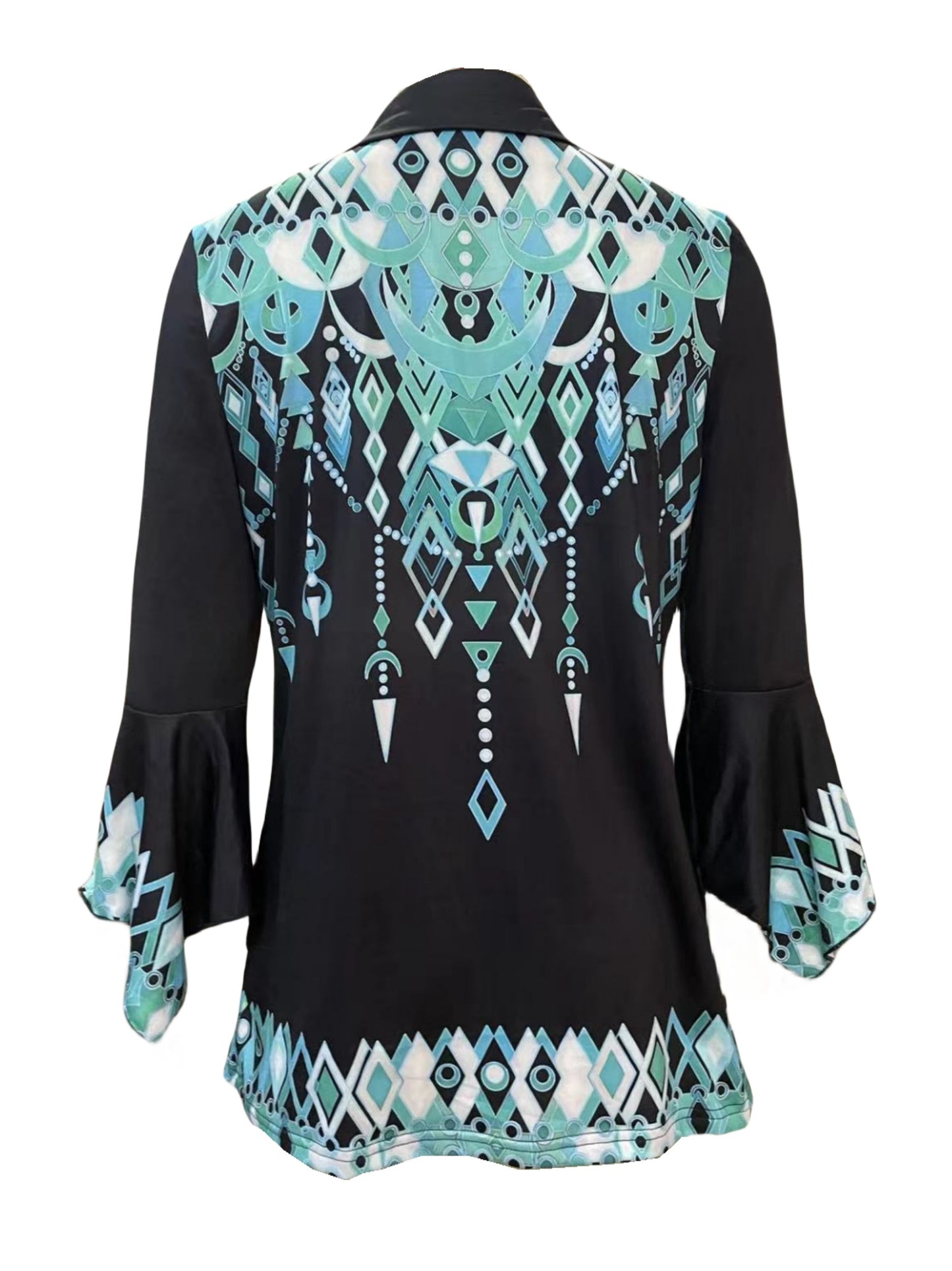 Spring Autumn New Printed Lapel Green Three-Quarter Sleeve T-Shirt Irregular Cuff Stud Button Top