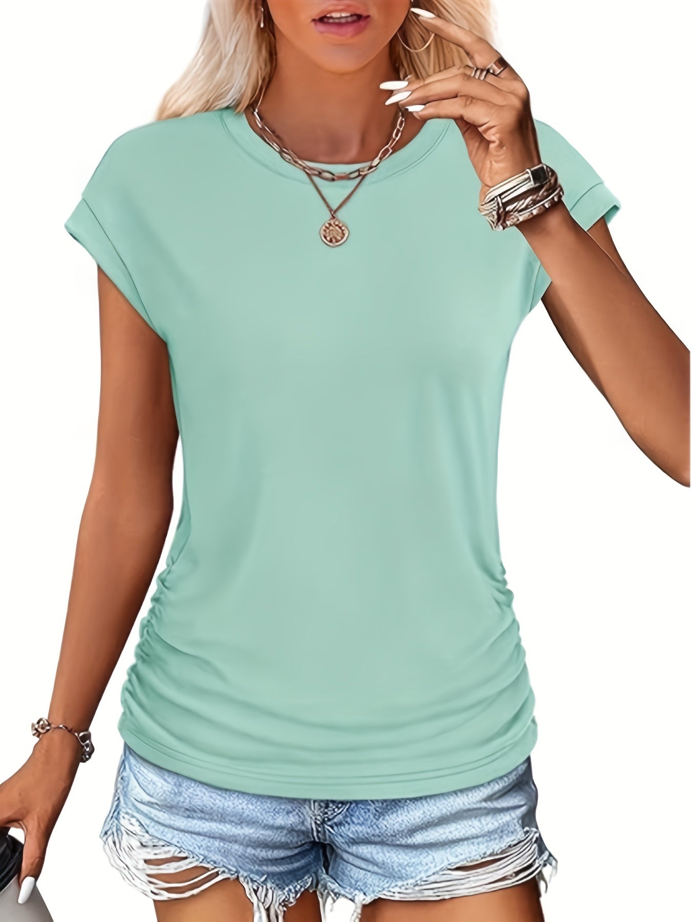 2-piece Crew Neck Short Sleeve Solid Color Casual T-shirt