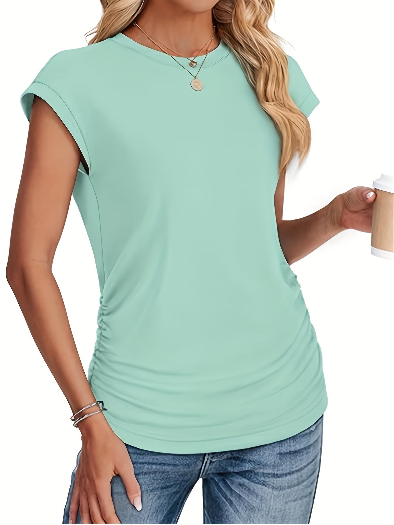 2-piece Crew Neck Short Sleeve Solid Color Casual T-shirt