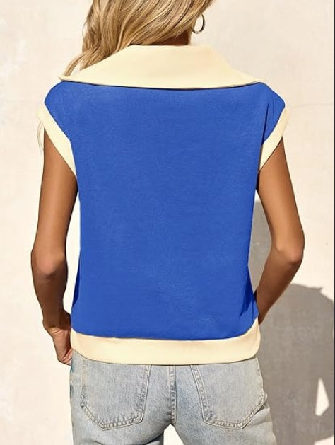 Fisoew Womens Half Zip Sweatshirts Short Sleeve Color Block Lapel V Neck Loose Summer Pullover Tops