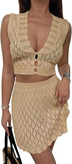 Saodimallsu Womens Two Piece Crochet Swimsuit Cover Ups Sleeveless V Neck Crop Tops Skirt Sets Beach Vacation Outfits