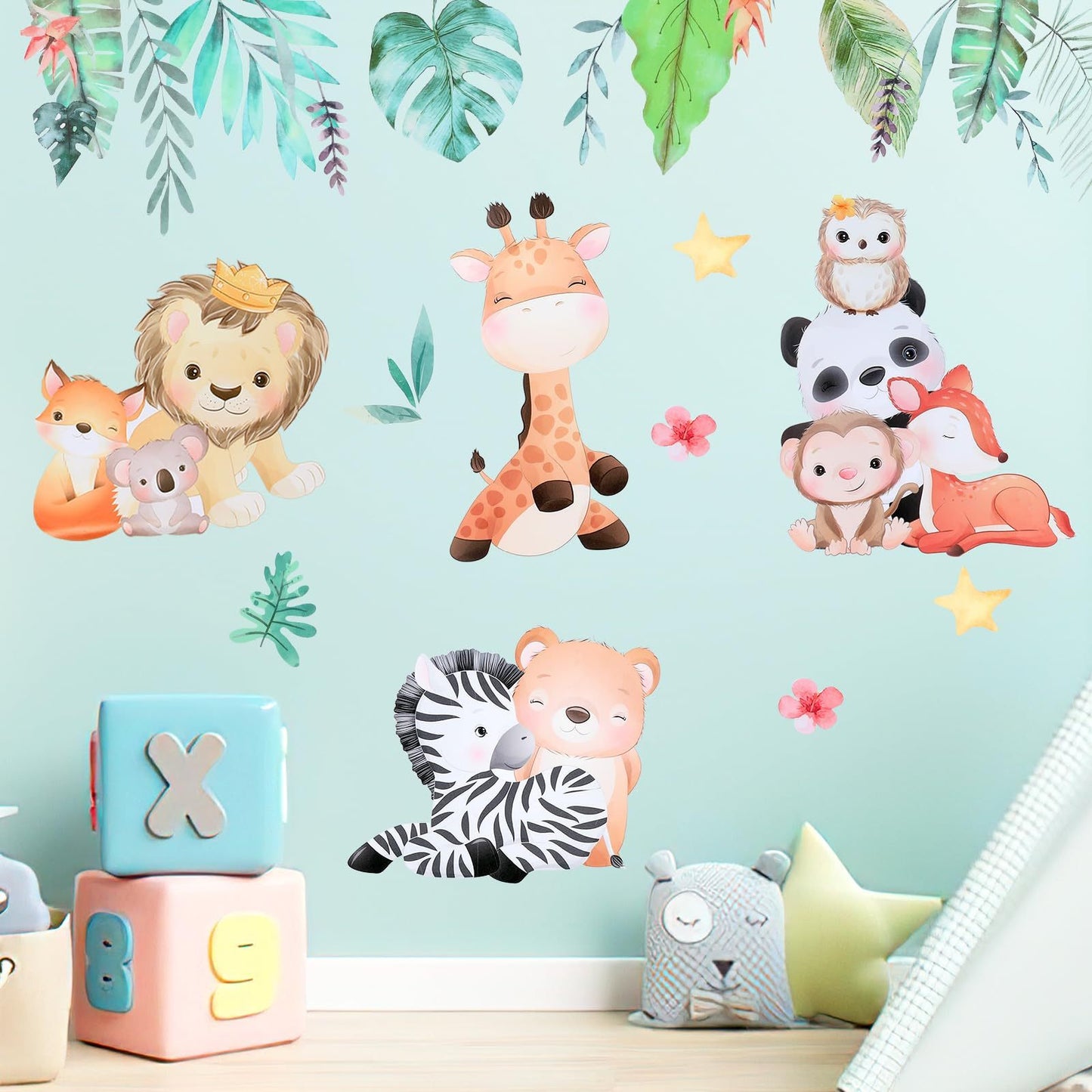 Wall Sticker Jungle Animals Wall Sticker Children's Room Animal Tree Wall Sticker Animal Party Elephant Giraffe Wall Sticker Children's Room Boy Baby Room Bedroom Wall Decoration,481-6789-MG