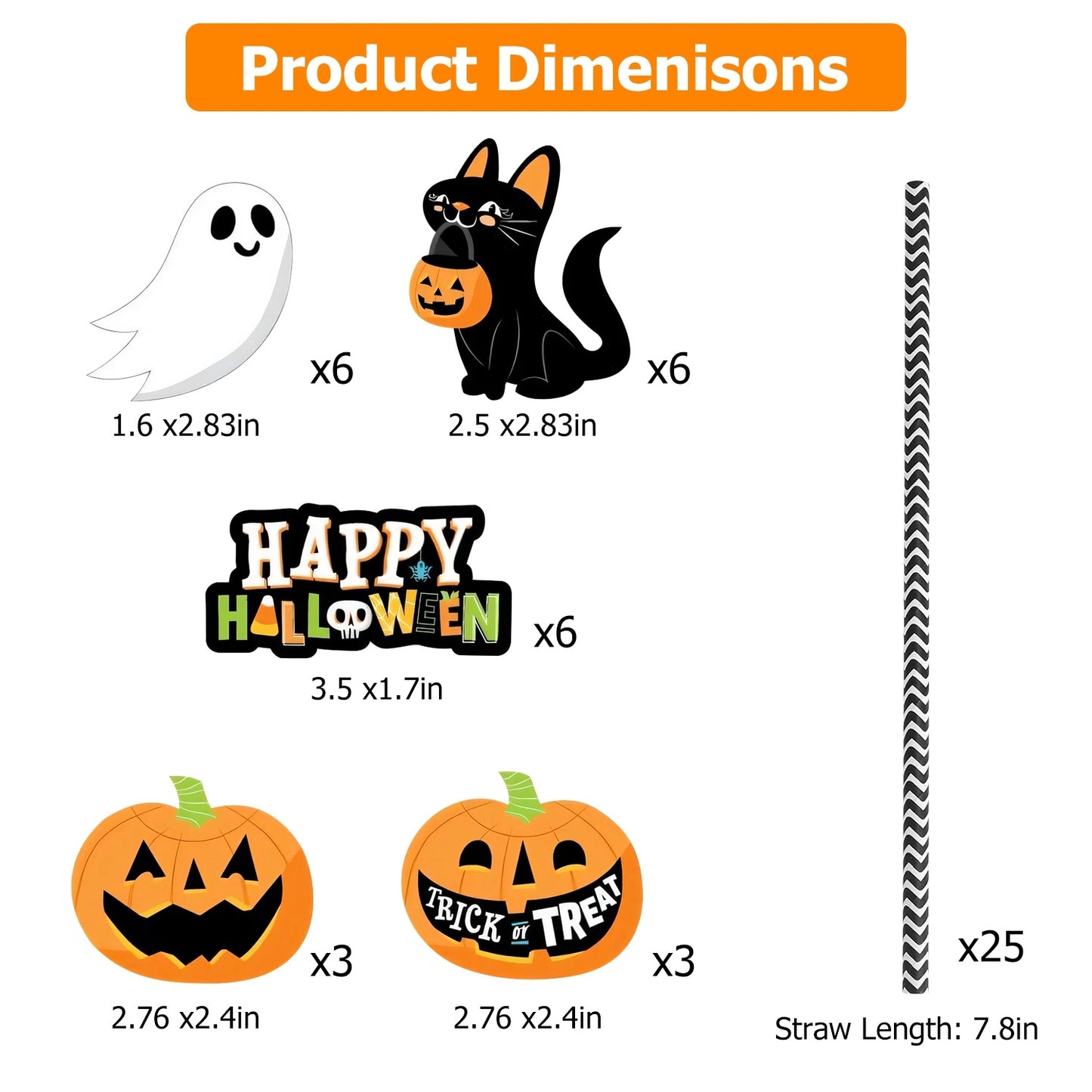 Set Of 25Pcs Halloween Party Striped Decorative Straws Disposable Drinking Straws Paper Straw Decor Happy Halloween Ghost Lantern Black Cat Halloween Party Supplies