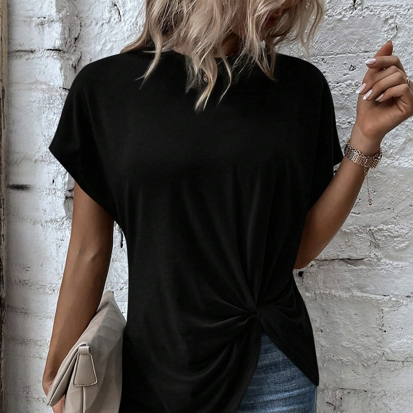 Ladies' Solid Color Asymmetrical Hem Bat Sleeve T-shirt With Slit Casual Top