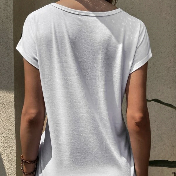 Ladies' Summer Color Blocking Versatile Round Neck Loose Casual Front Short Back Long T-shirt Top