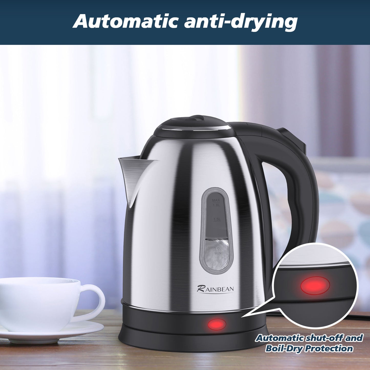 Electric Kettle Water Boiler, 1.8L Electric Tea Coffee Kettle Hot Water Boiler Auto Shut-Off & Boil Dry Protection