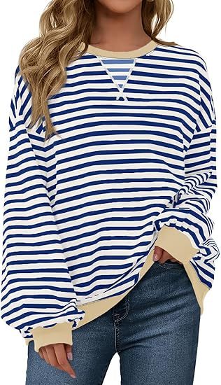 Fisoew Womens Striped Oversized Sweatshirt Color Block Crew Neck Long Sleeve Shirt Casual Loose Pullover Top Y2K Clothes
