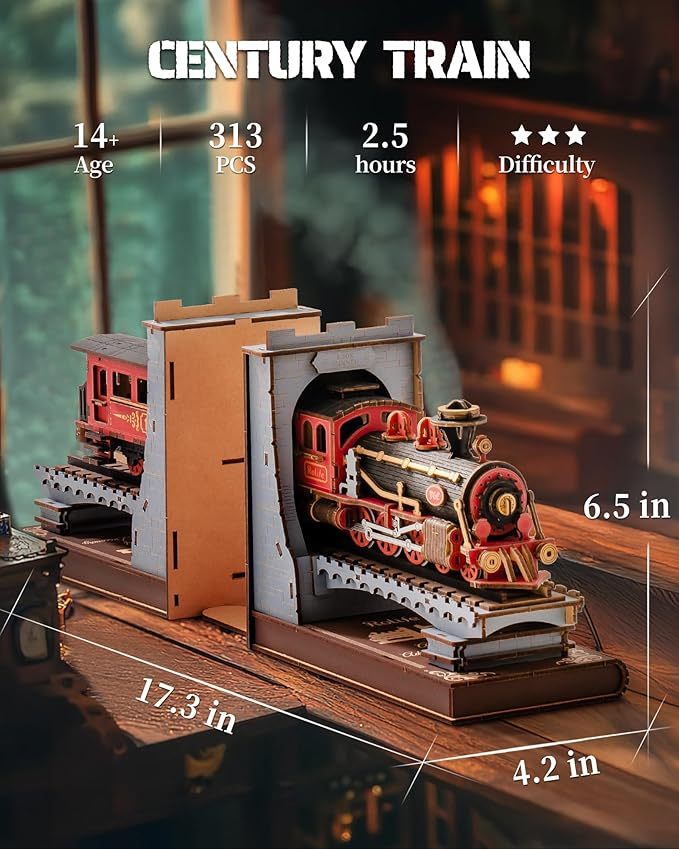 ROBOTIME Book Nook Book Ends Kits Century Train DIY Booknook 3D Wooden Puzzle Model Kit Bookend Bookshelf Decoration Gifts For Adults Kids Teens