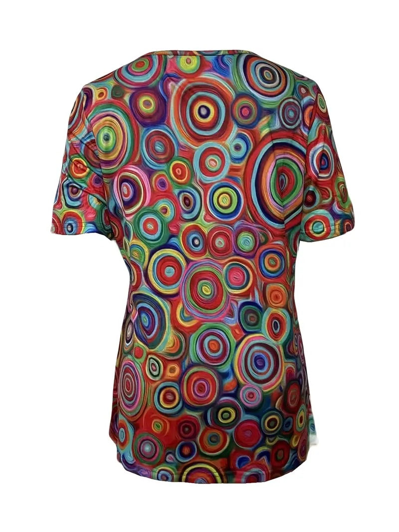 New V-neck Red Candy Print Short Sleeve T-shirt Loose Casual Top For Summer