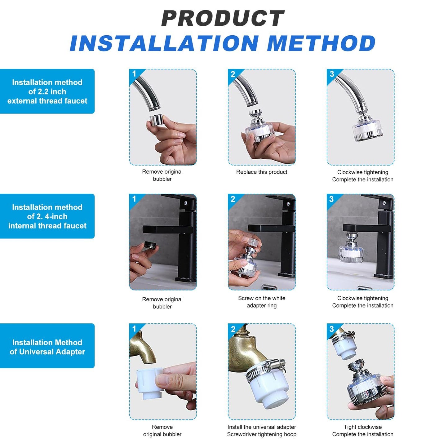 3Pack Universal 360 Degrees Rotating Faucet Water Filter Kit With 6 Replacement Filter For Kitchen & Bathroom Sink