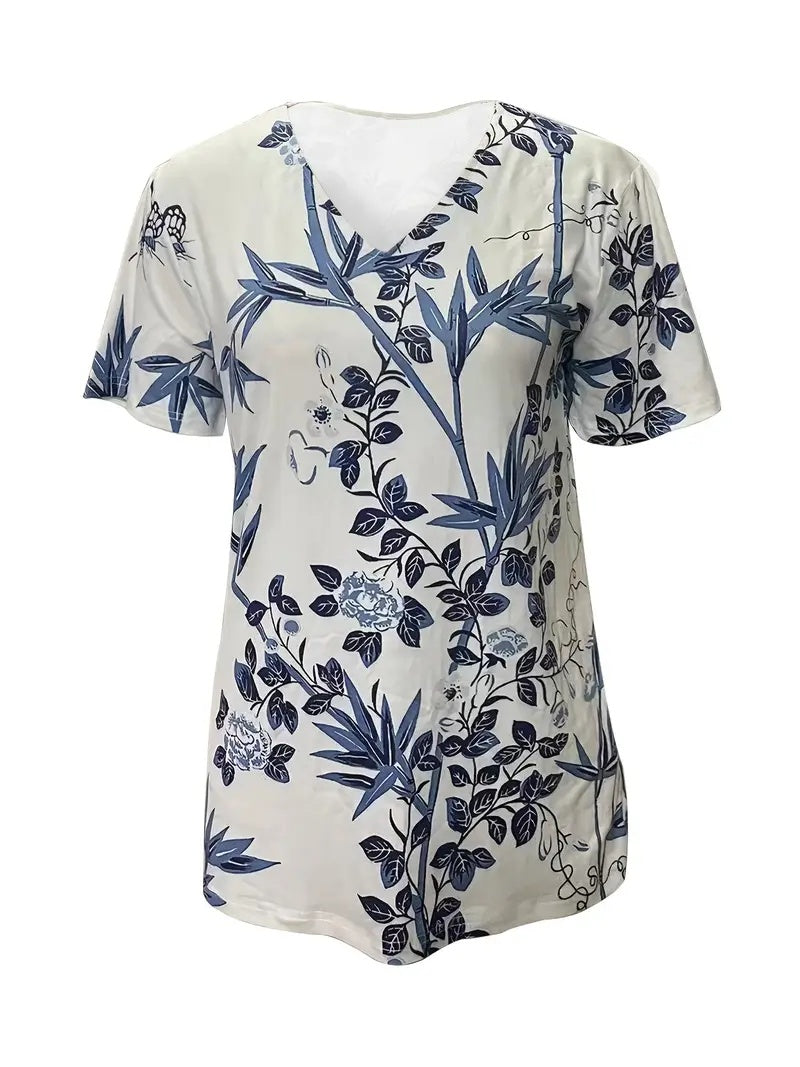 New Summer Fashion Casual V-neck Botanical Print Top Short Sleeve T-shirt