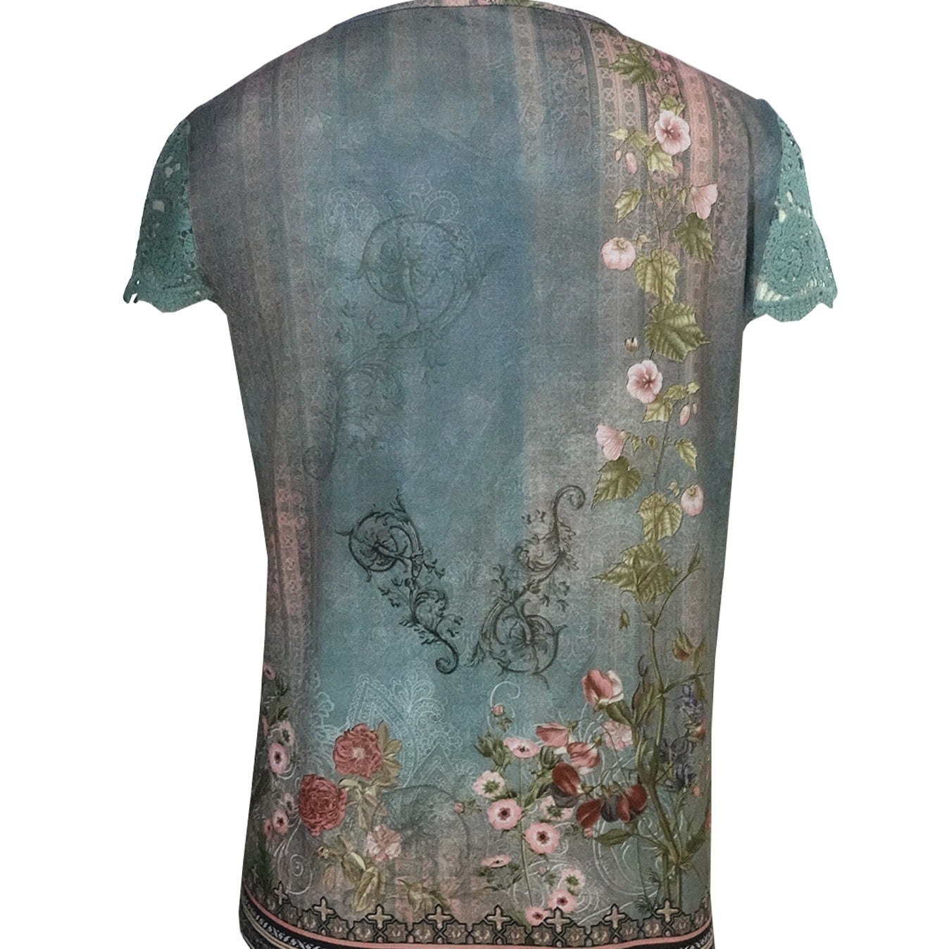 Ladies' Floral Print Fashionable Versatile Lace Patchwork Sleeves Elegant Style Short Sleeved Shirt Top