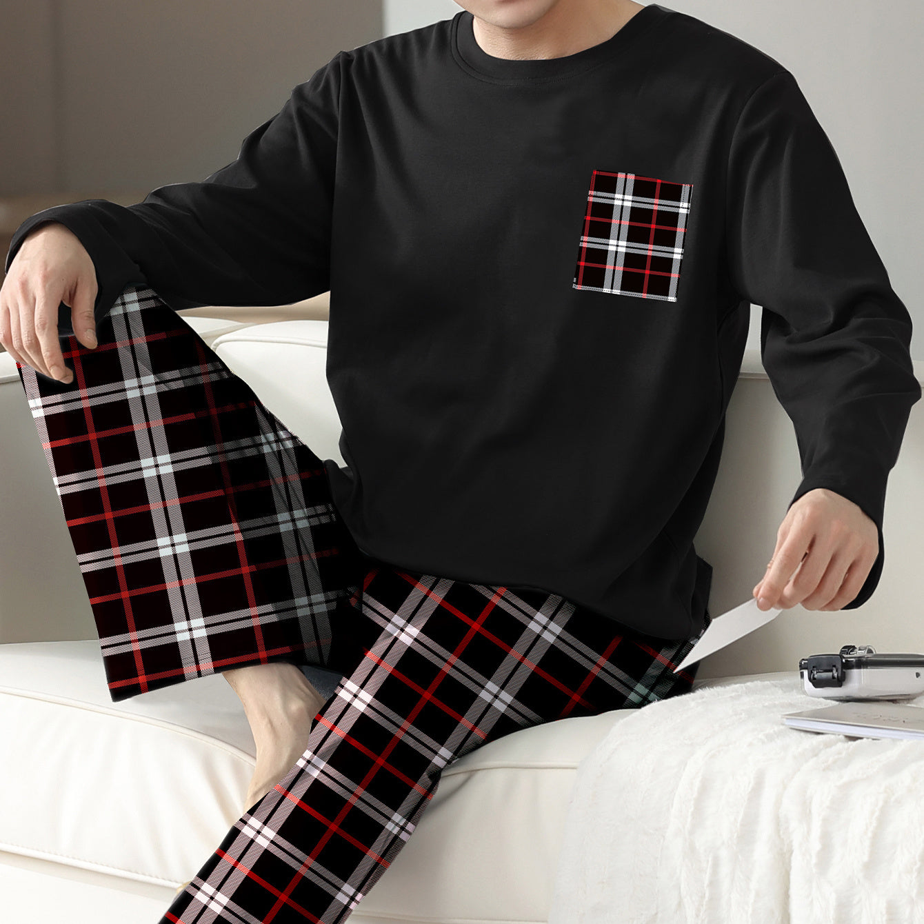 Ice Silk Long Sleeve Long Pants Men's Pajama Set