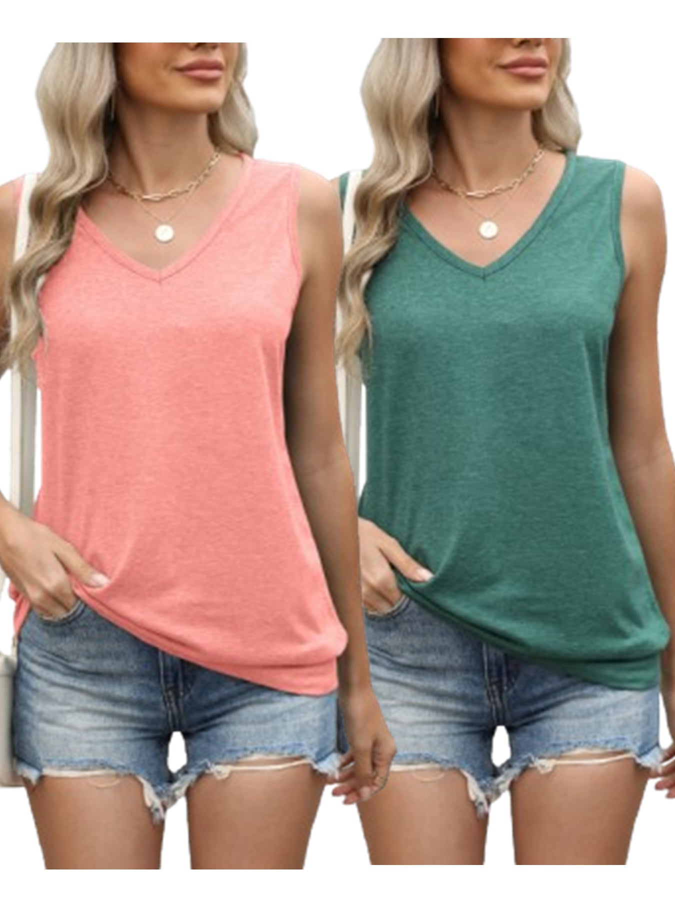 2 Piece V-Neck Solid Color Vest Loose Sleeveless T-Shirt Casual Top Women