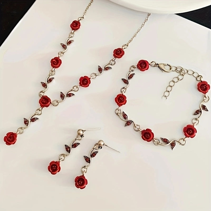 Lxalry Romantic Red Rose Jewelry Set, Handmade Electroplated Necklace Bracelet & Earrings Trio, Bridal Gift For Wedding Elegance & Everyday Romance