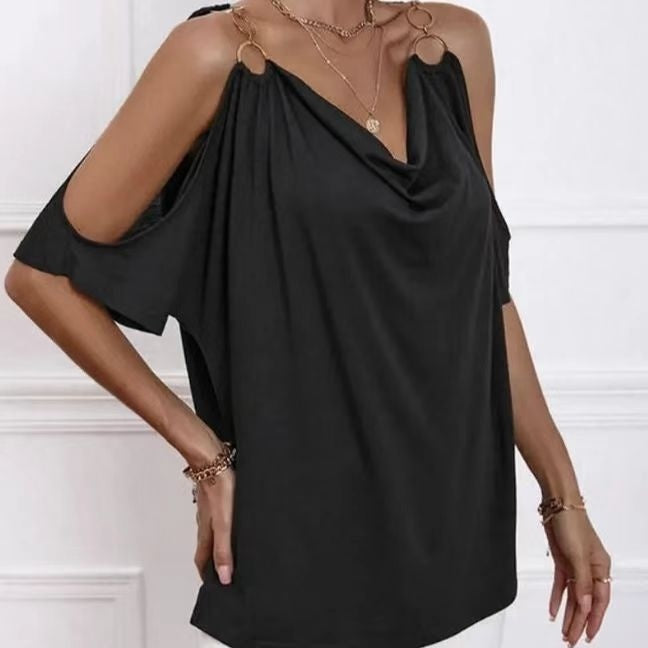 Women's Solid Color Cold Shoulder Hanging Collar O-ring Detail T-shirt Top