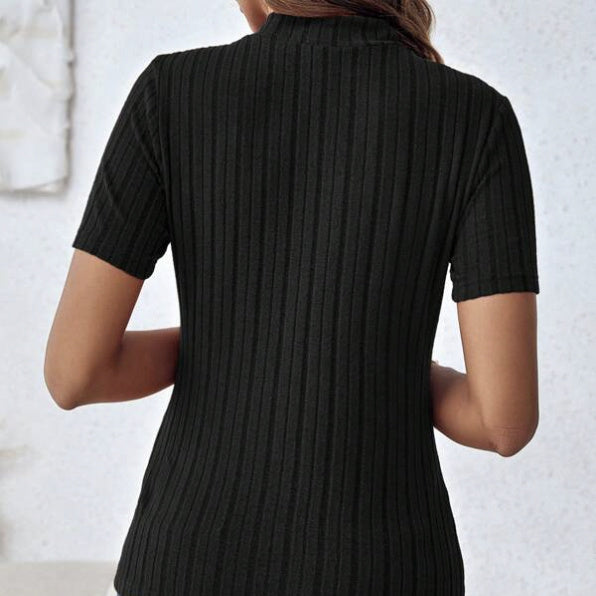 Ladies' Elegant Commuting Solid Color Commuting Fashionable Temperament High Neck Fashionable Knitted Short Sleeved T-shirt
