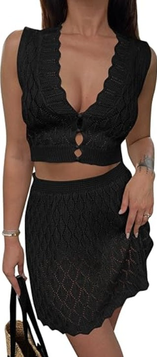 Saodimallsu Womens Two Piece Crochet Swimsuit Cover Ups Sleeveless V Neck Crop Tops Skirt Sets Beach Vacation Outfits