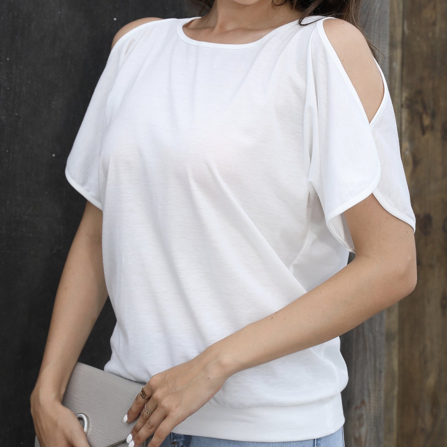 Ladies' Summer Design Off Shoulder Split Sleeve Round Neck Loose Solid Color T-shirt