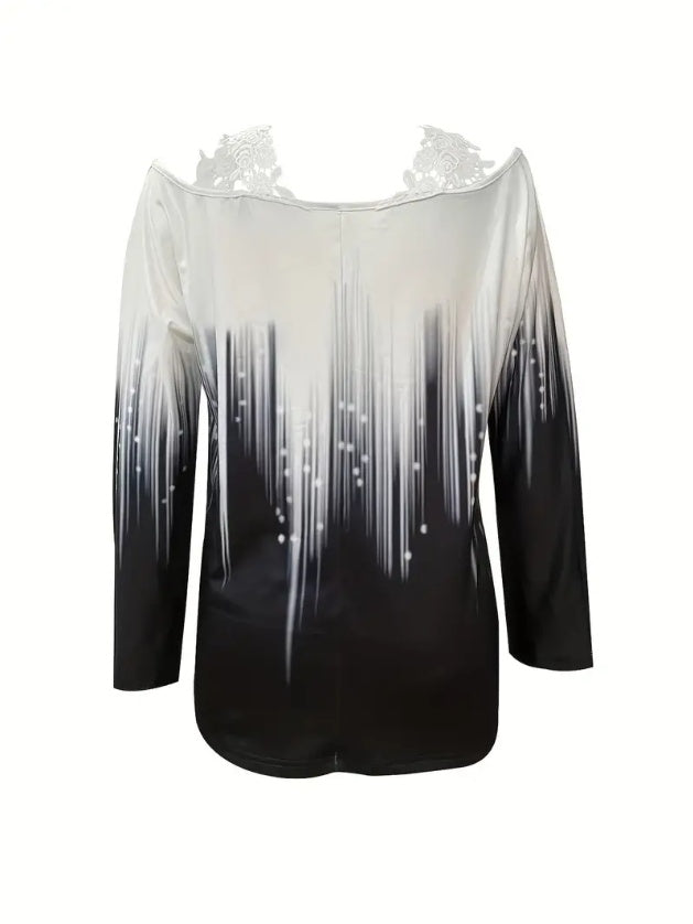 Spring And Autumn New Style Casual Gradient Color Printed Lace Edge Off-shoulder Long Sleeve Top