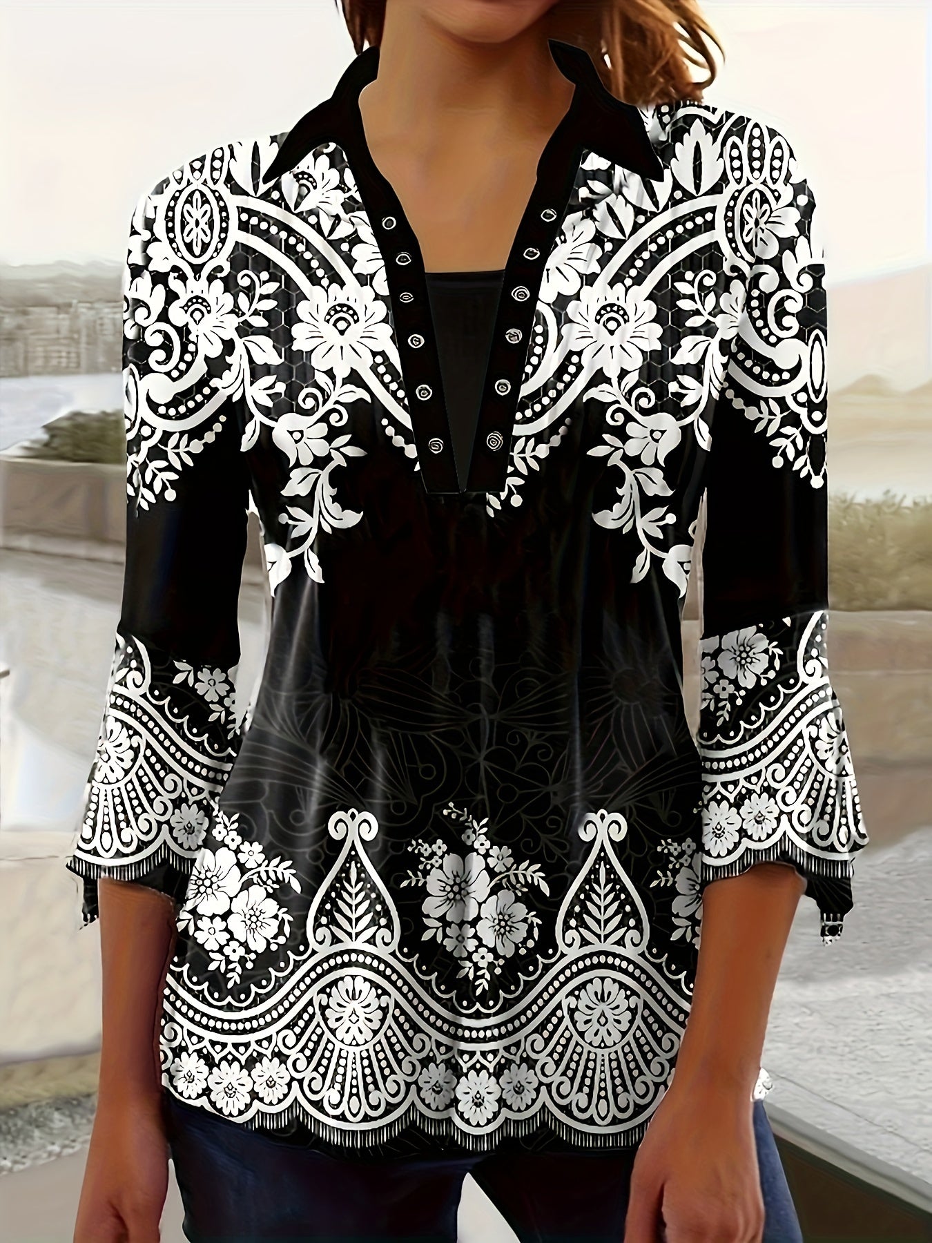 Spring Autumn New Printed Lapel Three-quarter Sleeve T-shirt Irregular Cuff Button Top