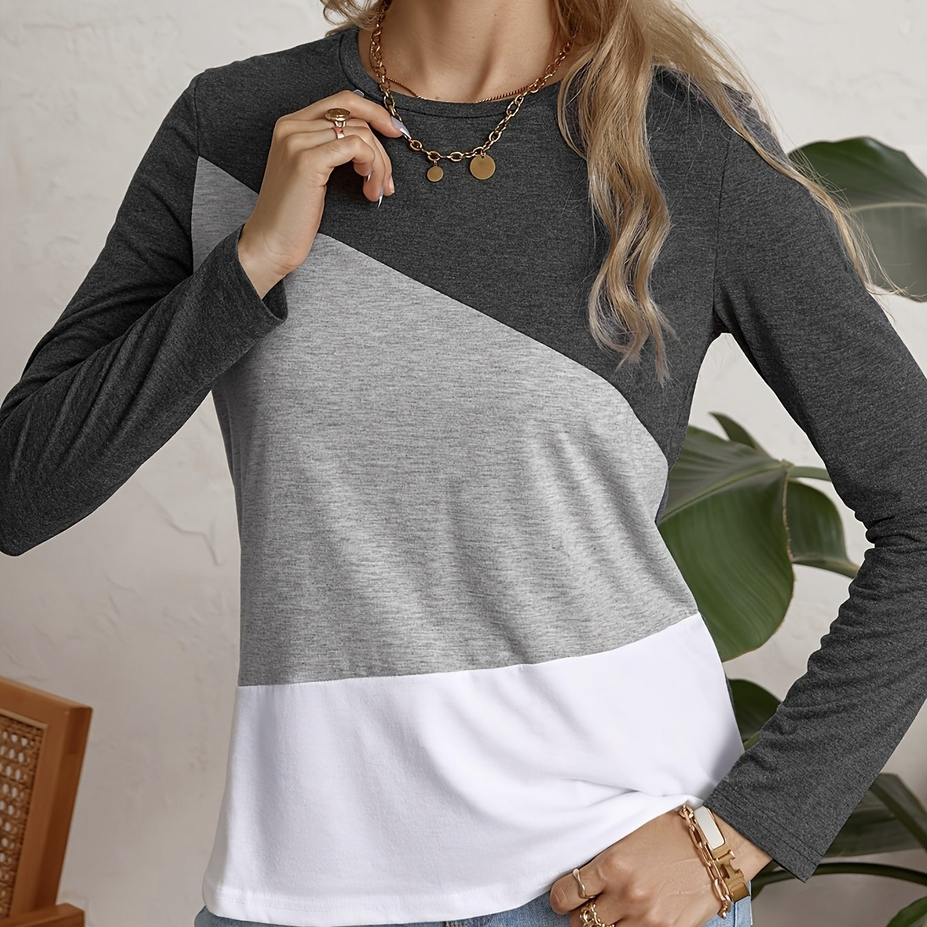 Ladies' Fashionable Casual Patchwork Color Long Sleeved T-shirt Top