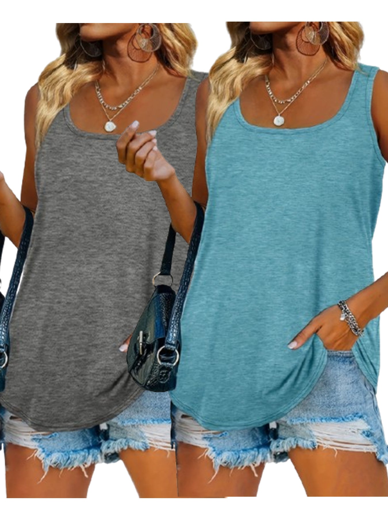 2-piece Women's Summer Sleeveless Top, Square Neck, Solid Color Vest T-shirt