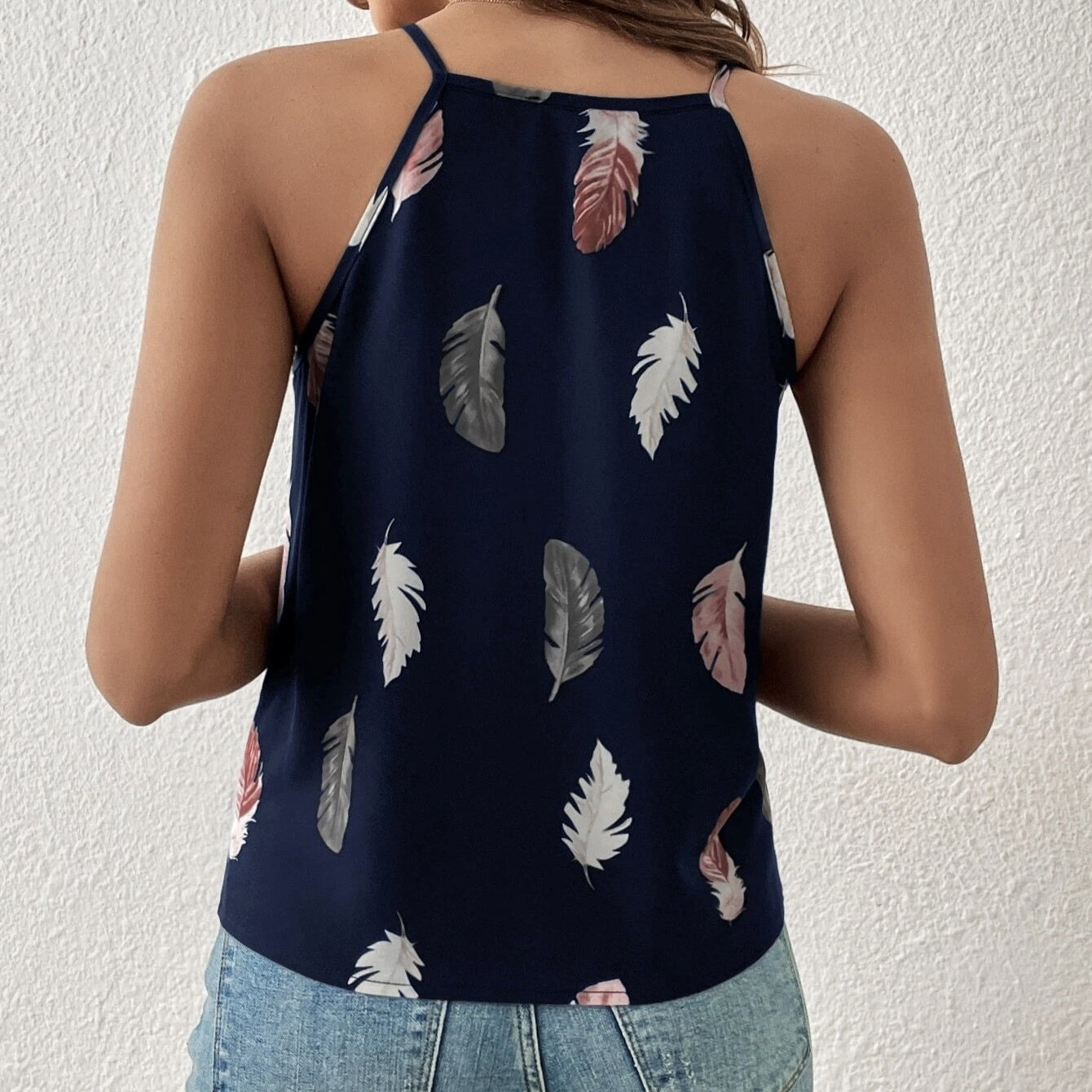 Women's Feather Print Notch V-neck Versatile Camisole Vest