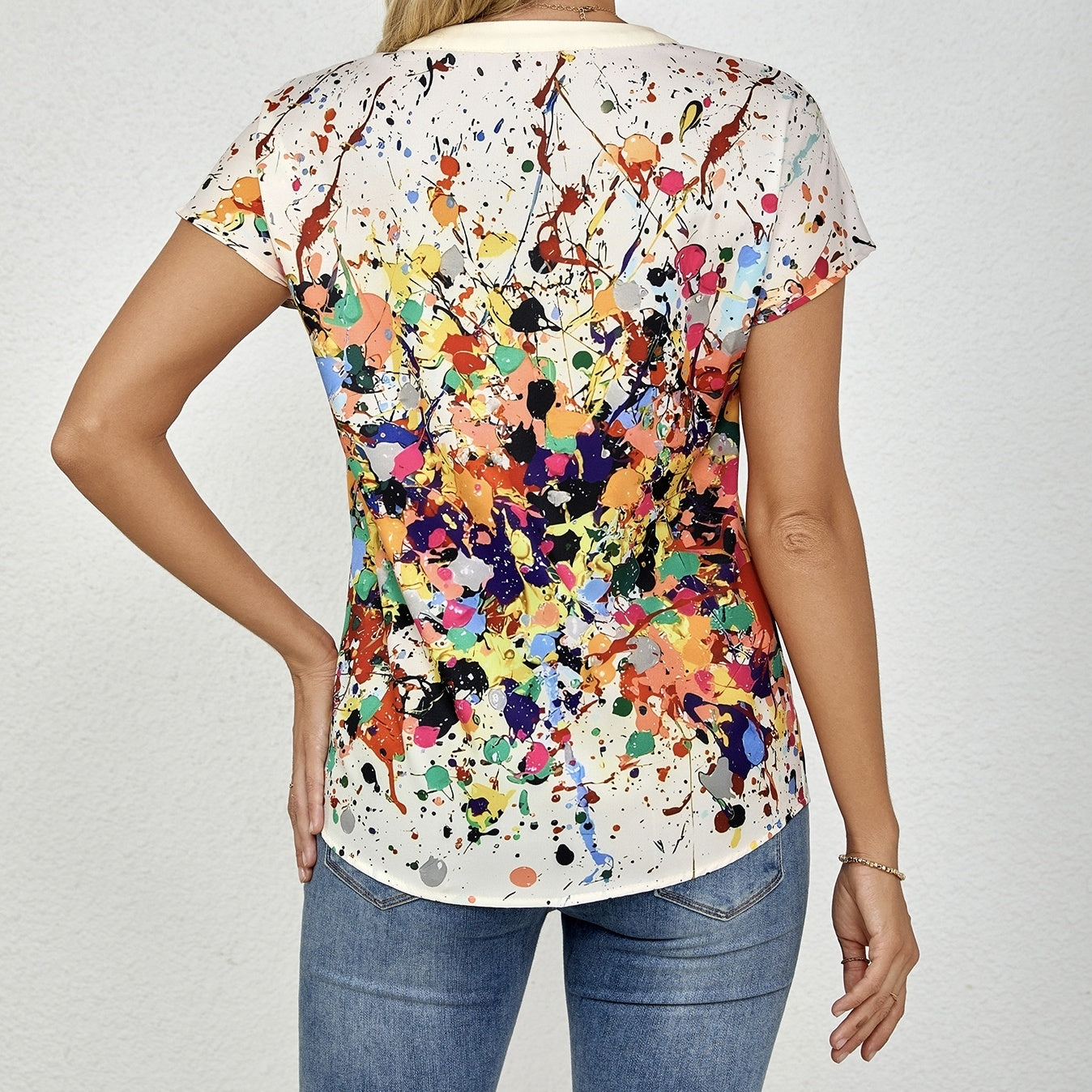 Ladies' Contrasting Color Artistic Casual Style Button V-neck T-shirt Top