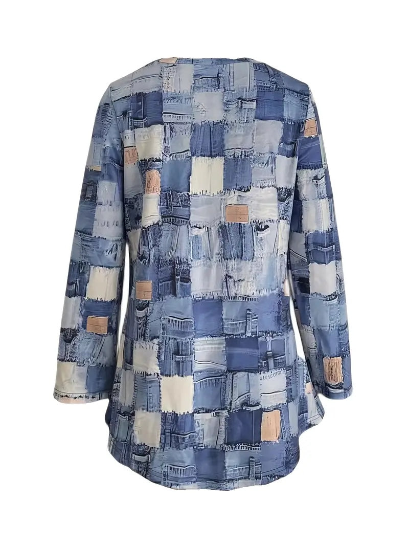 Spring-autumn New Long-sleeved Plaid Print Blue T-shirt With Round Neck Midi Top