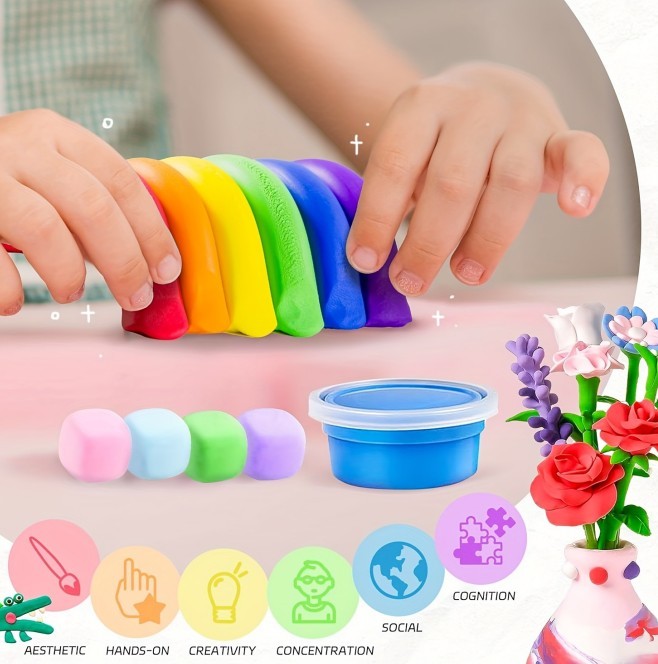 Air Dry Clay Vase Bouquet Craft Kit, 10 Pieces Modeling Clay Flower Art And Craft DIY Set For Boys And Girls, Improve Fine Motor Skills And Hand-Eye Coordination, Great Gift Idea For Boys And Girls