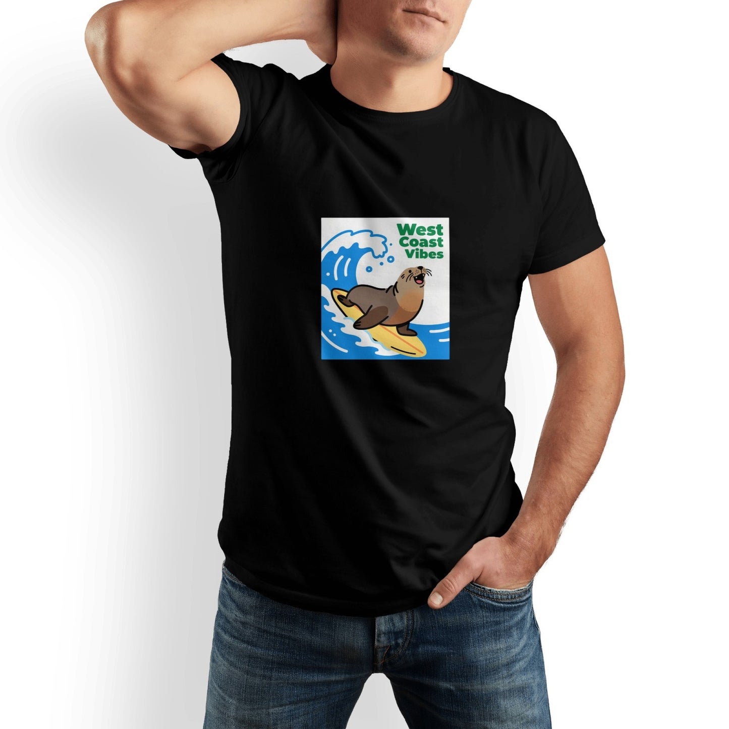 West Coast Seal Printed Men's Pure Cotton T-shirt - Casual Round Neck, Slightly Elastic, Suitable For Summer Knitted Fabric, Classic Fit Adult Shirt, Couple's Shirt