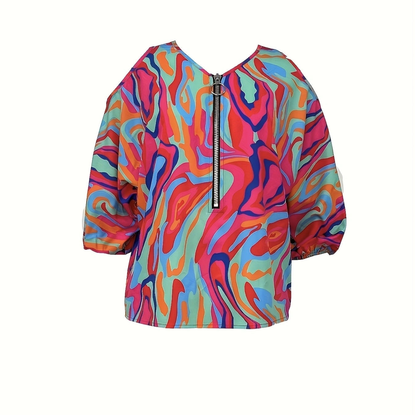 Ladies' Printed Off Shoulder V-neck Zipper Lantern Top