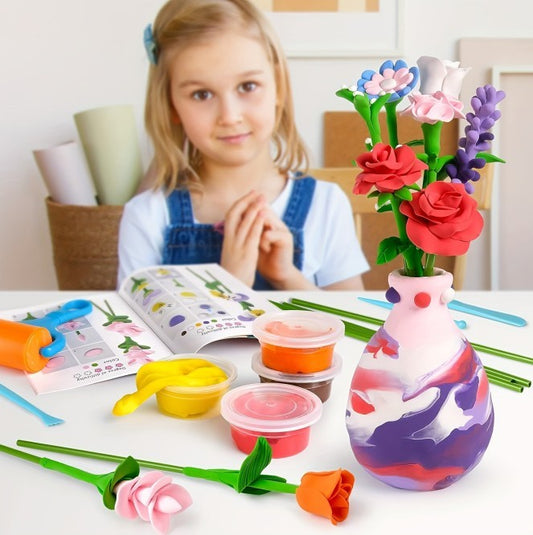Air Dry Clay Vase Bouquet Craft Kit, 10 Pieces Modeling Clay Flower Art And Craft DIY Set For Boys And Girls, Improve Fine Motor Skills And Hand-Eye Coordination, Great Gift Idea For Boys And Girls