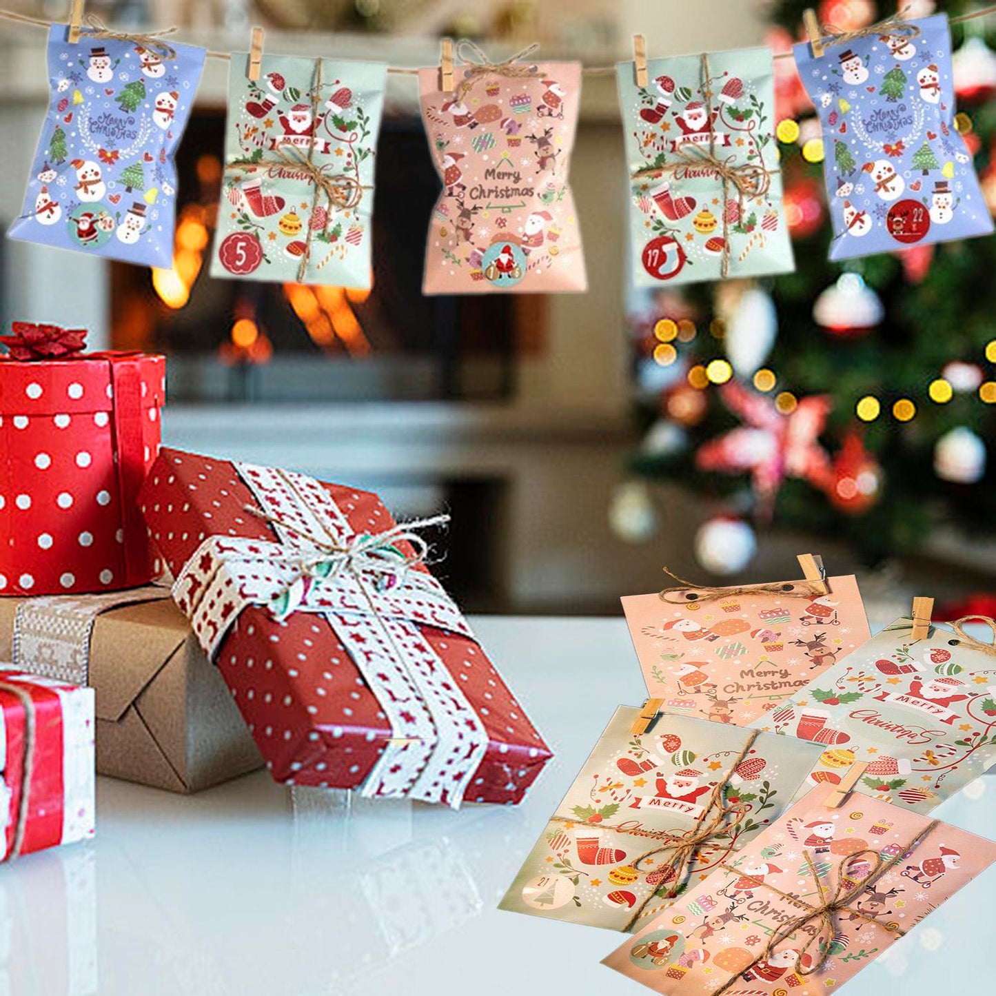 Party Christmas Countdown Paper Gift Bags 24-Piece Set