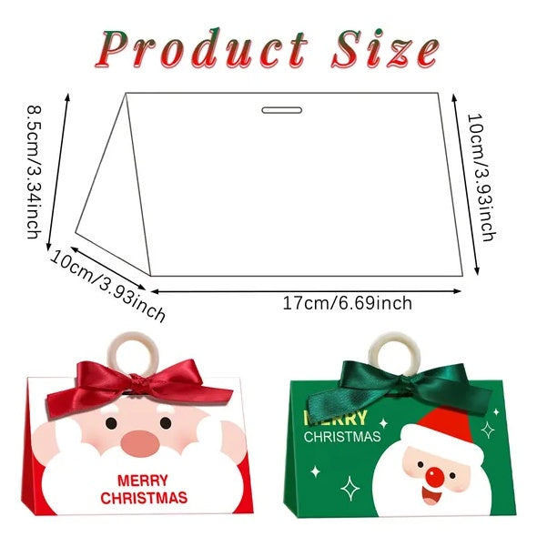 10 Pcs Christmas Candy Boxes With Ribbon And Wooden Ring Merry Christmas Santa Claus Pattern Cookie Goodie Box Cartoon Paper Treat Box For Christmas Gift Wrapping Holiday Party Supplies