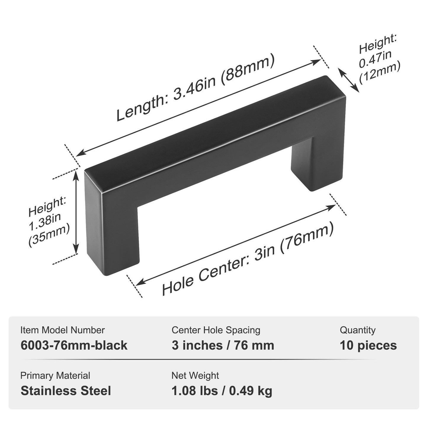 VEVOR 10 Pack Cabinet Pulls, 3in 76mm Center To Center Slim Square Kitchen Cabinet Drawer, Stainless Steel Modern Kitchen Cupboard Door Handles For Kitchen Bathroom Bar Hardware Matte Black