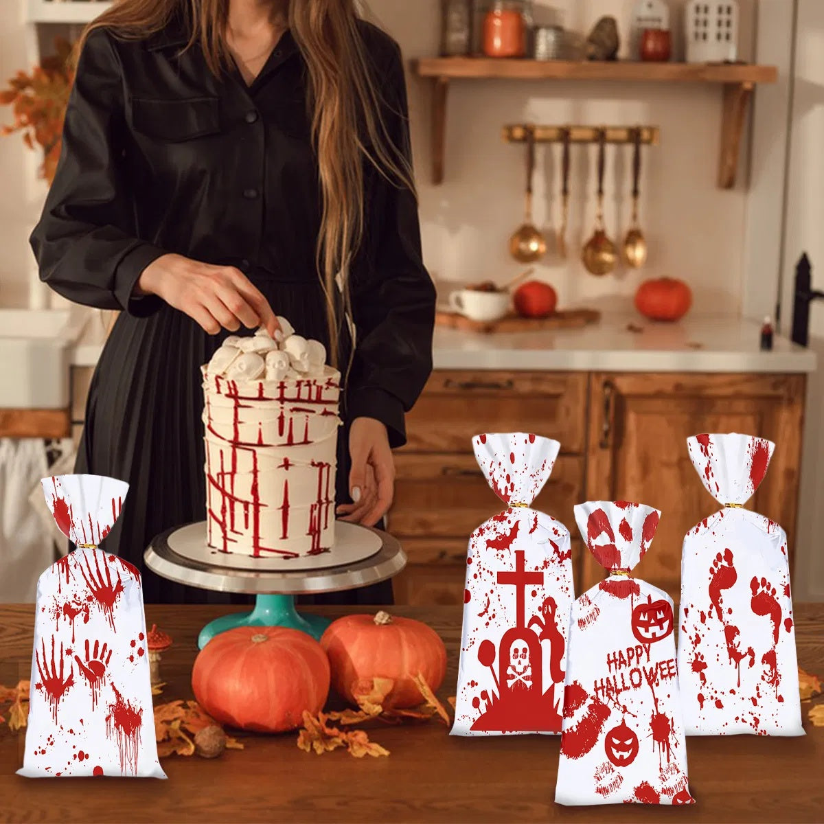 50Pcs Halloween Cellophane Candy Bags With Twist Ties Horrific Bloody Treat Bags 4 Pattern Gift Goody Snack Sweet Bags For Halloween Murder Theme Party Snacks Cookies Gift Wrapping Supplies