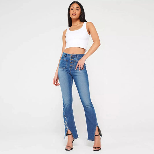 Women's High-Waist Star Patch Jeans Wide-Leg Full-Length With Retro Y2K Star Light-Wash Denim For All Seasons