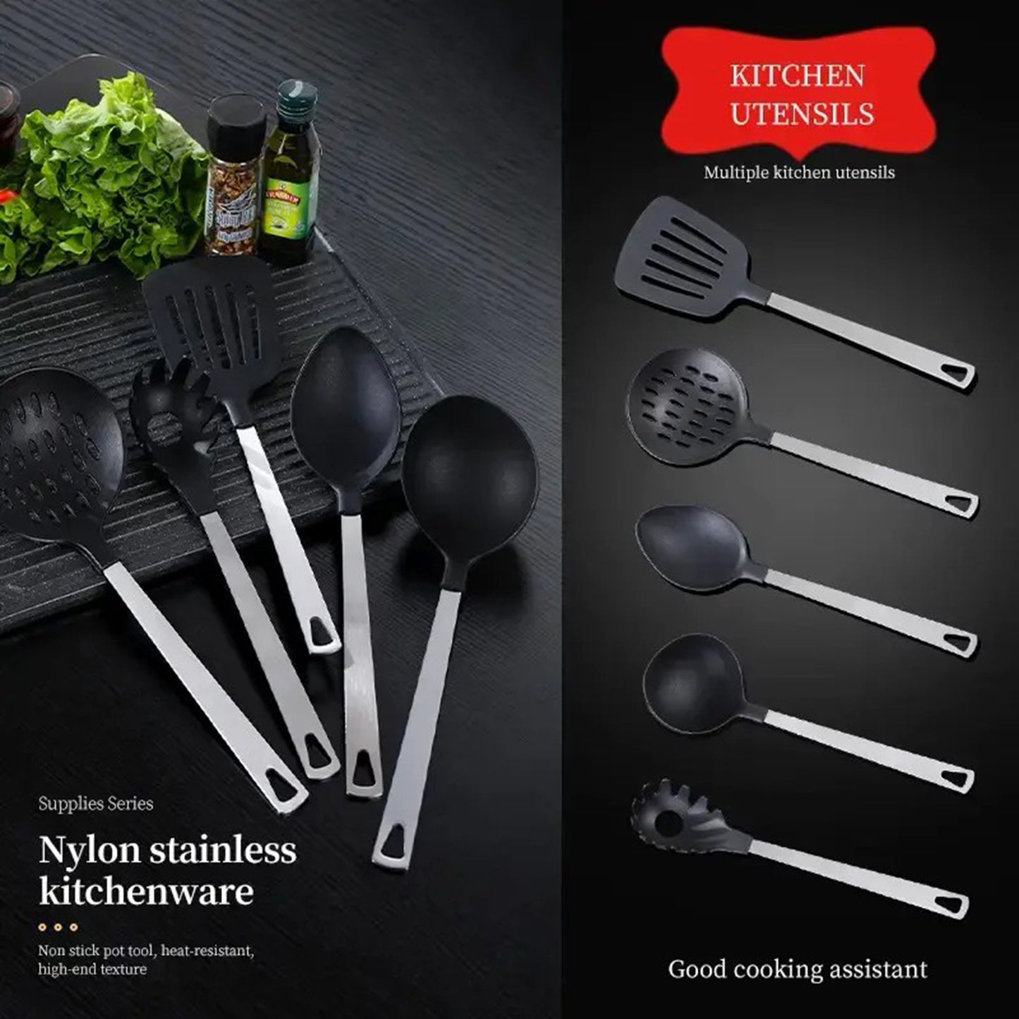 High Quality 5-piece Cooking Utensil Set - Stainless Steel Handle And Nylon Faucet, Non Stick Pan, Heat-resistant, Suitable For Home Use, Kitchen Gift, USPS Shipping, Supports Self Pickup