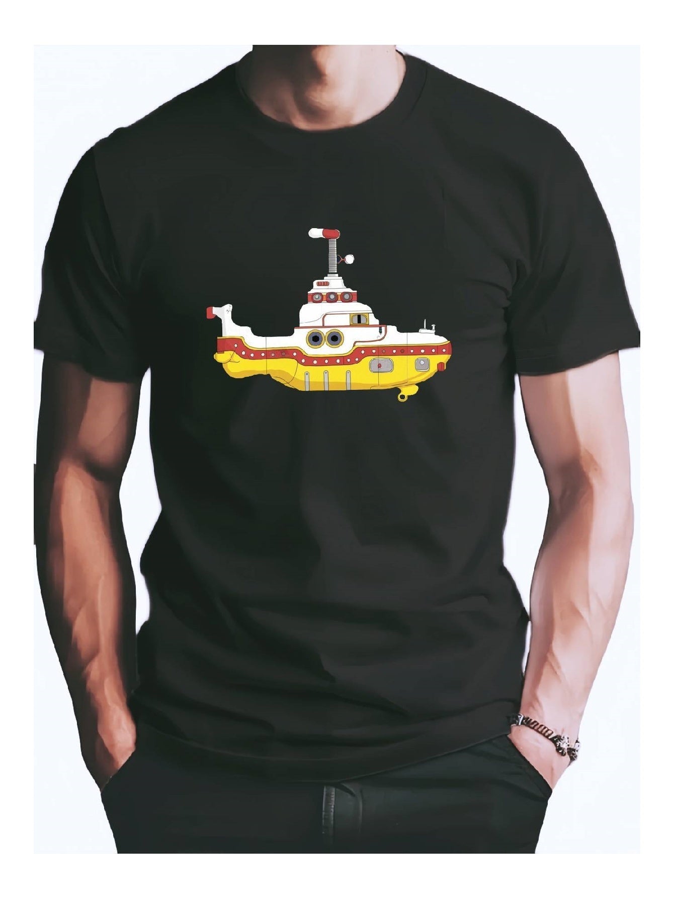 Black Tshirt Yellow Submarine Pattern Trendy And Fashionable Casual And Versatile