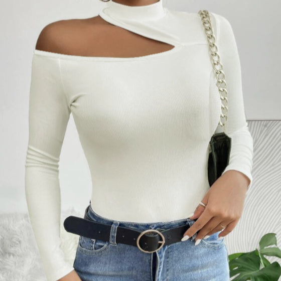 Ladies' Solid Color Elegant High Neck Sloping Shoulder Off The Shoulder Sexy T-shirt Top