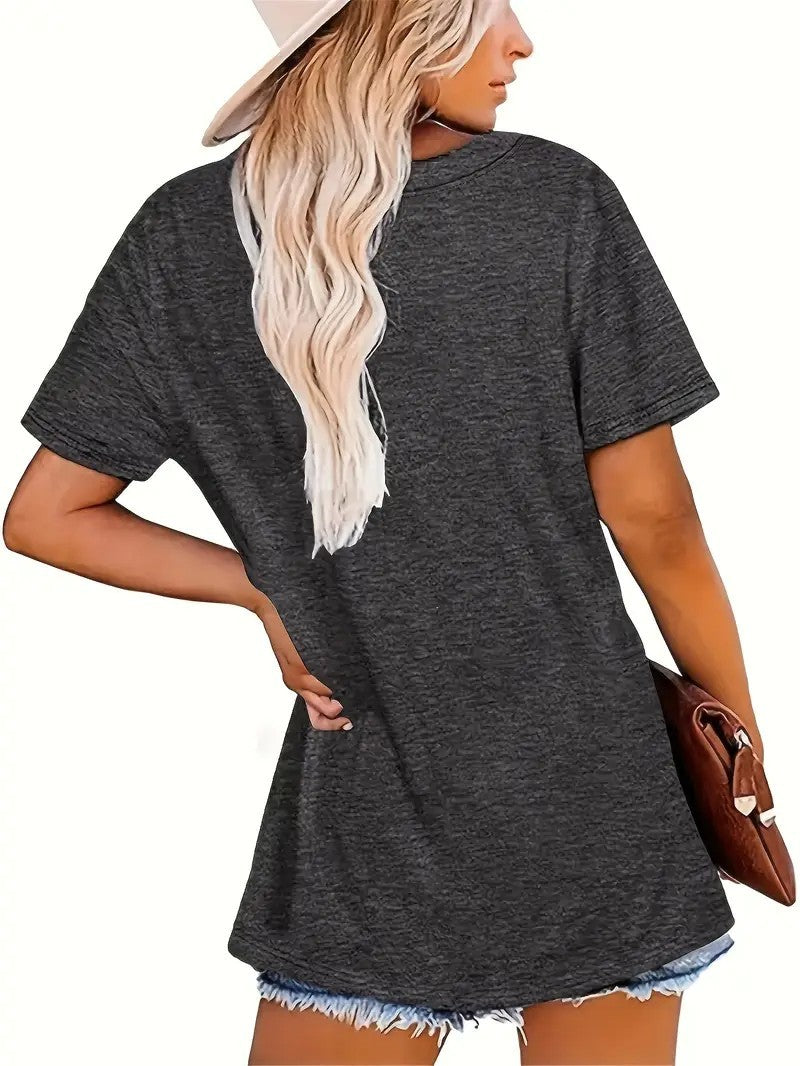 Planet Minimalist Letter Pattern Printed Plus Size T-shirt, Casual Round Neck Summer Short Sleeved Women's Top