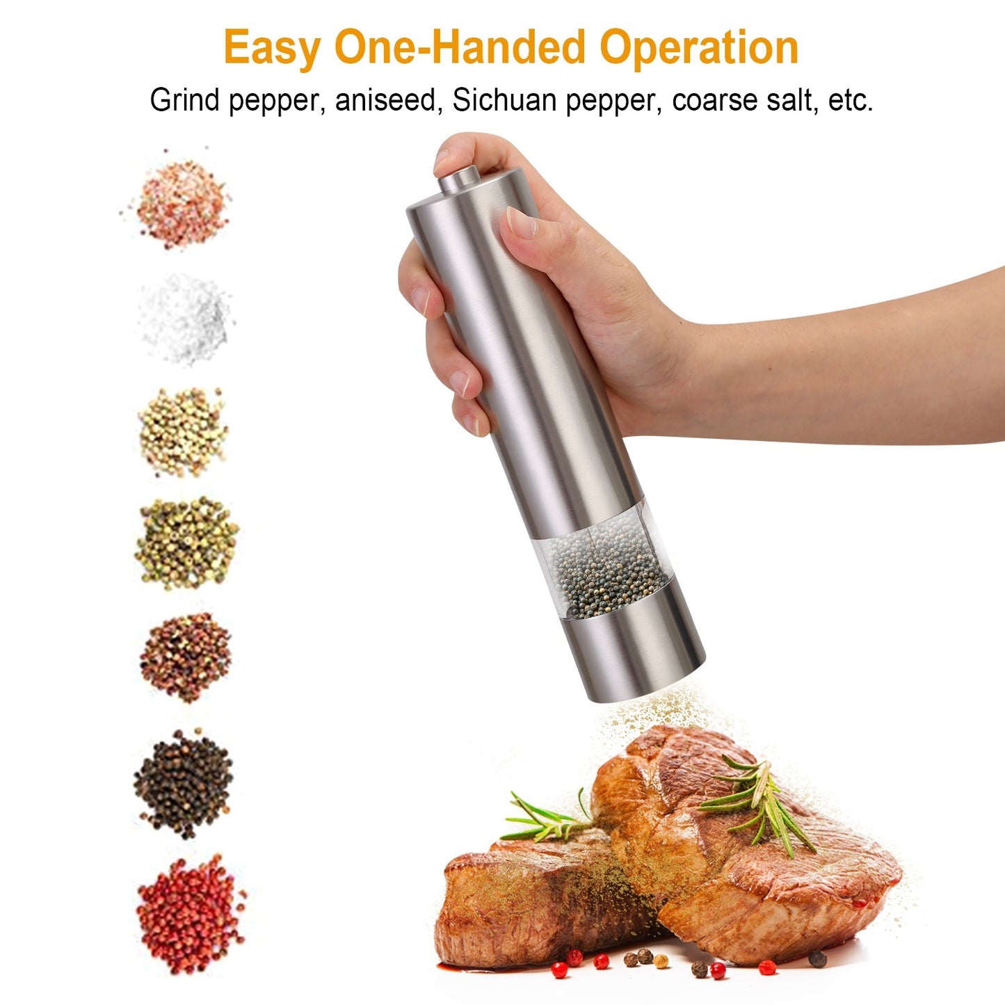 1Pc Electric Salt Pepper Grinder With Light Adjustable Coarseness Stainless Steel Salt Pepper Shaker Battery Operated Pepper Grinder Mill Easy Refill And Clean