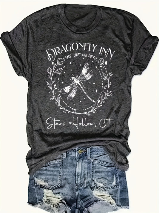 Dragonfly Minimalist Letter Pattern Printed Plus Size T-shirt, Casual Round Neck Summer Short Sleeved Women's Top