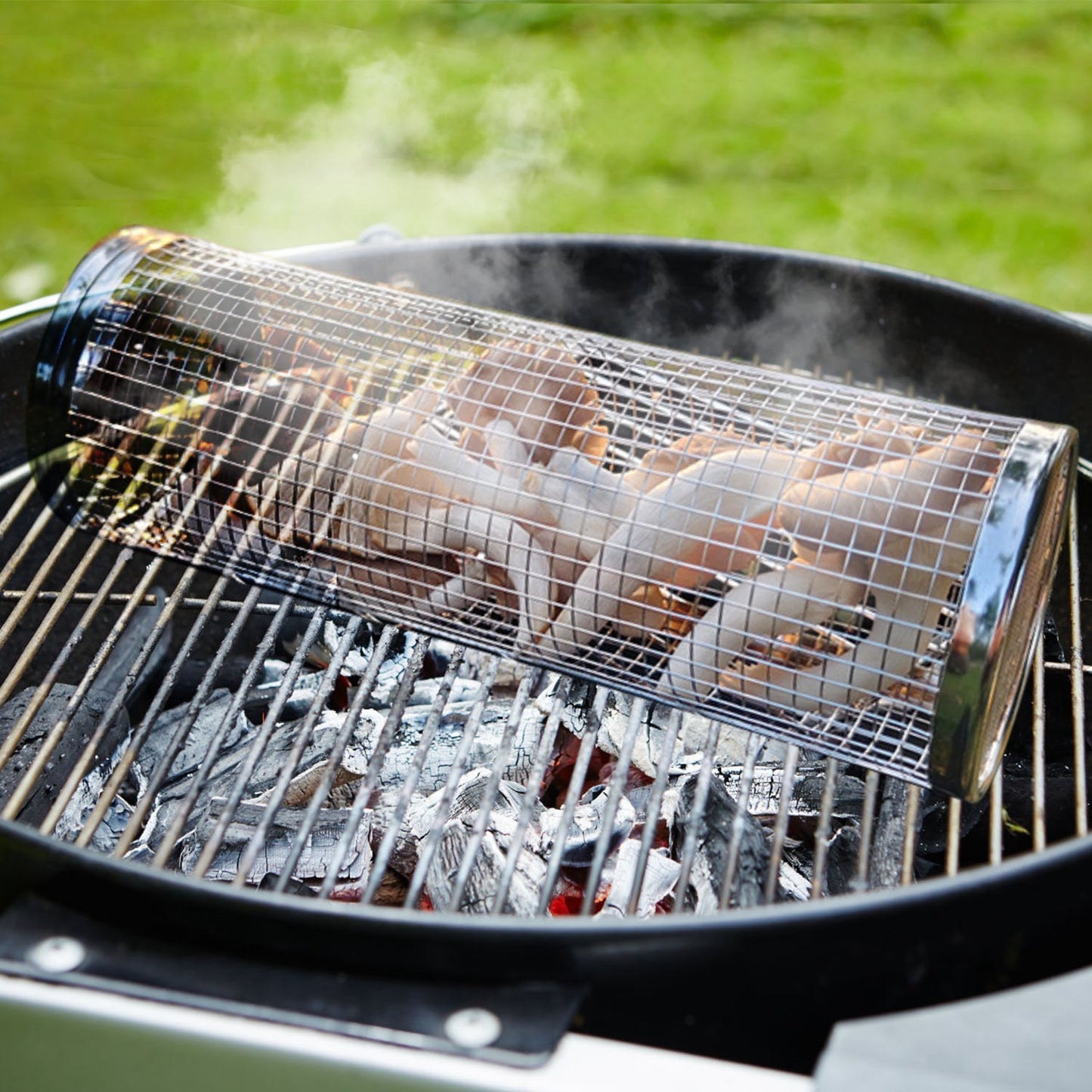 2Pcs 3.42x11.61Inch Portable BBQ Rolling Basket Round Stainless Steel Grill Mesh Barbecue Net Tube With Removable Cover Outdoor Camping