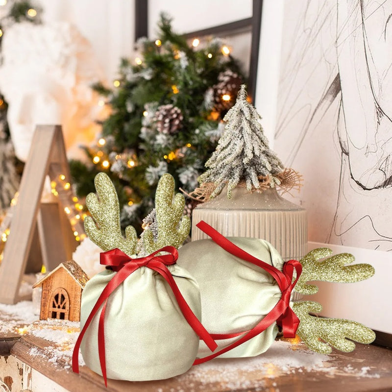 5Pcs Christmas Antler Gift Bags With Drawstring Flannel Gift Pouches Reusable Xmas Party Gift Wrapping Bag For Xmas New Year Birthday Wedding Winter Party Supplies